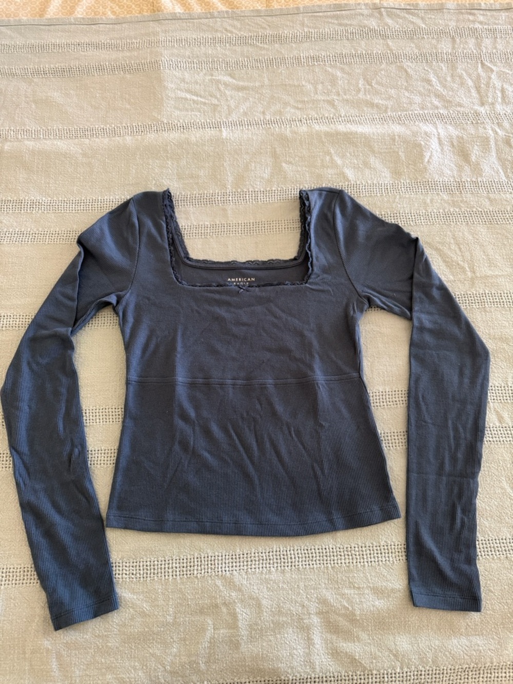 American Eagle Outfitters Ribbed Navy Square-Neck Long Sleeve Top